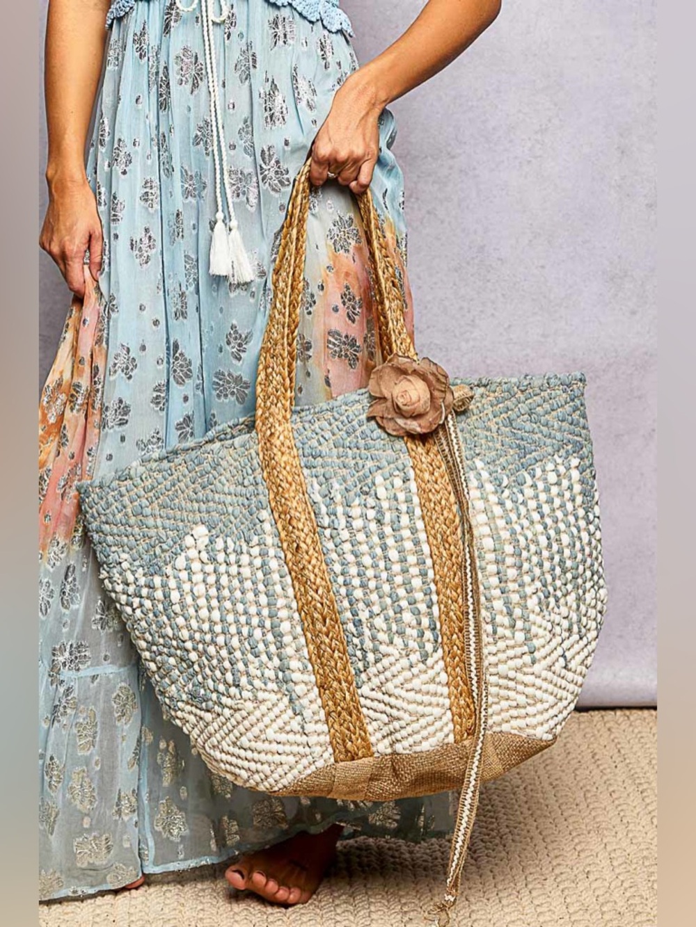 POL Huge Light Blue and Tan 100% Cotten Woven Beach and Everything Tote